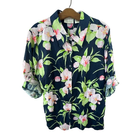 Studio Works Size 1X Basic Navy Floral Shirt Linen Button-Up Roll-Tab Sleeves - Picture 1 of 7